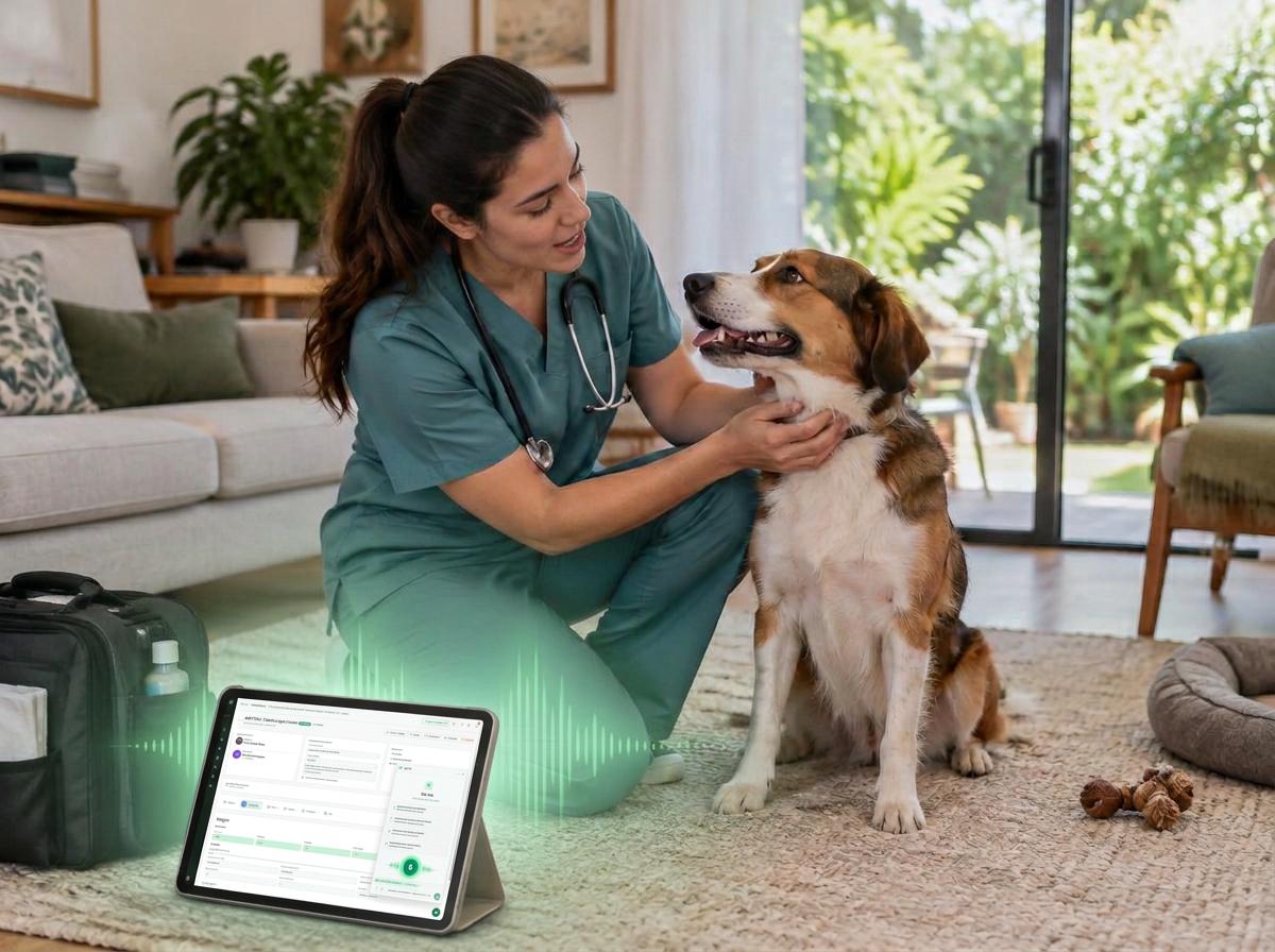 Cena ilustrativa: veterinária em atendimento domiciliar registrando a triagem no tablet