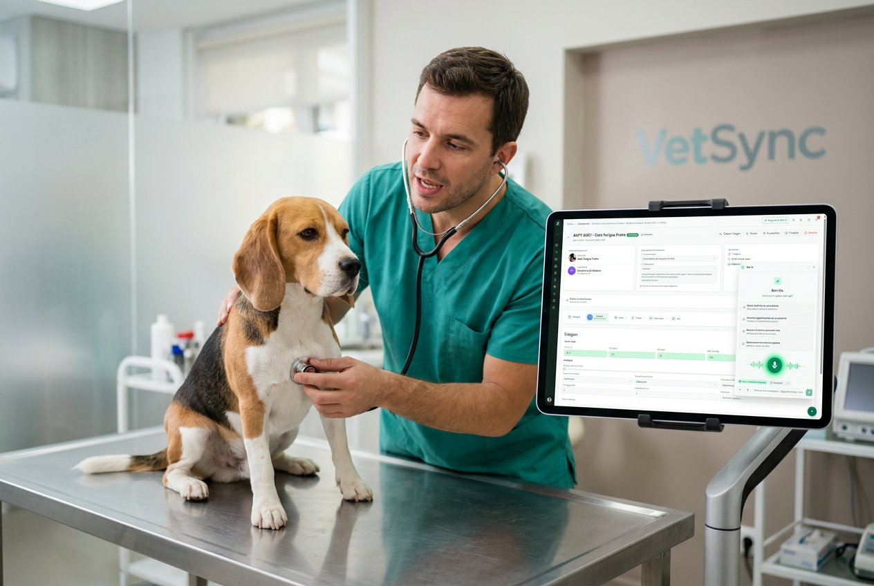 Veterinário fala durante o exame e a Meli AI registra no tablet